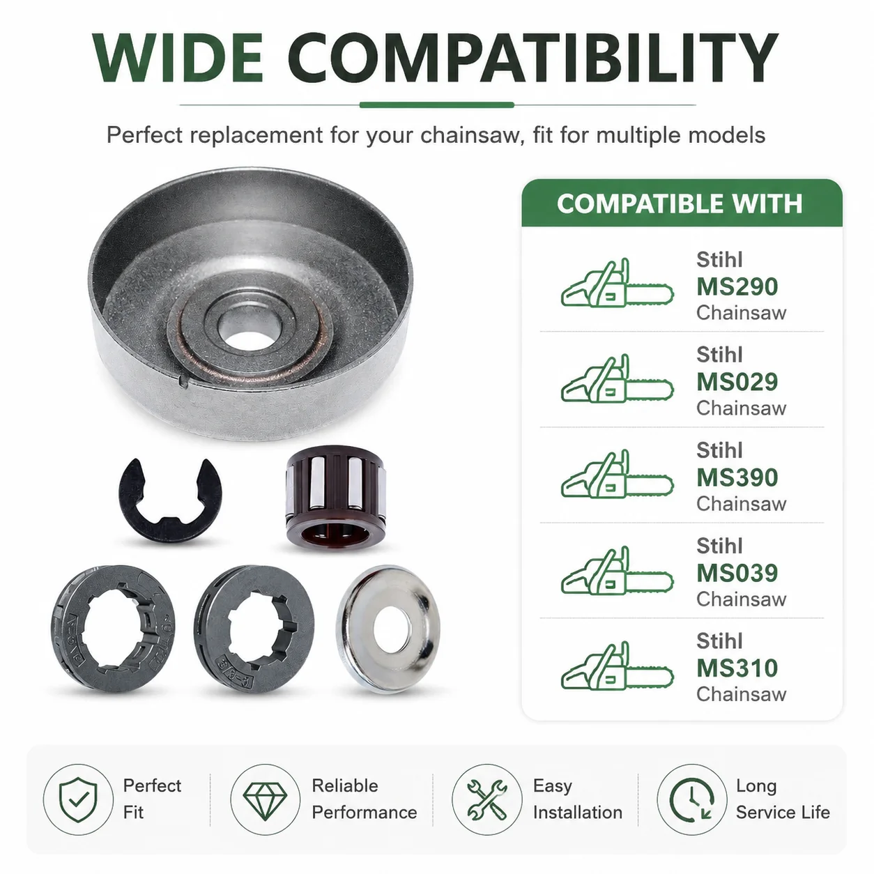 1125 007 1041 Chain Clutch Sprocket Drum Rim Washer Bearing Kit w/E-clip For Stihl MS290 029 MS390 039 MS310 Chainsaw Parts