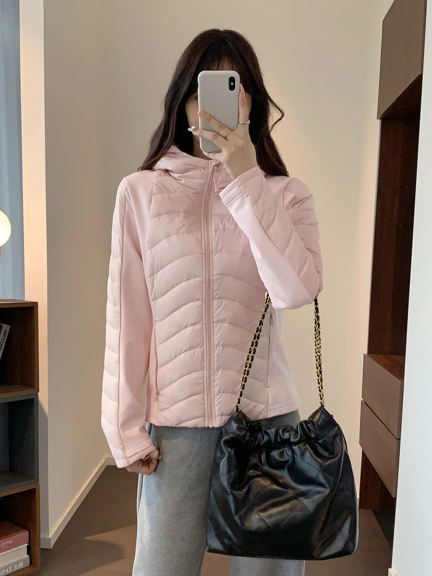 

Lightweight Warm 90 White Goose down Jaet Hooded Yoga Sportswear Casual Long Sve ort Sle Patchwork Women's Coat