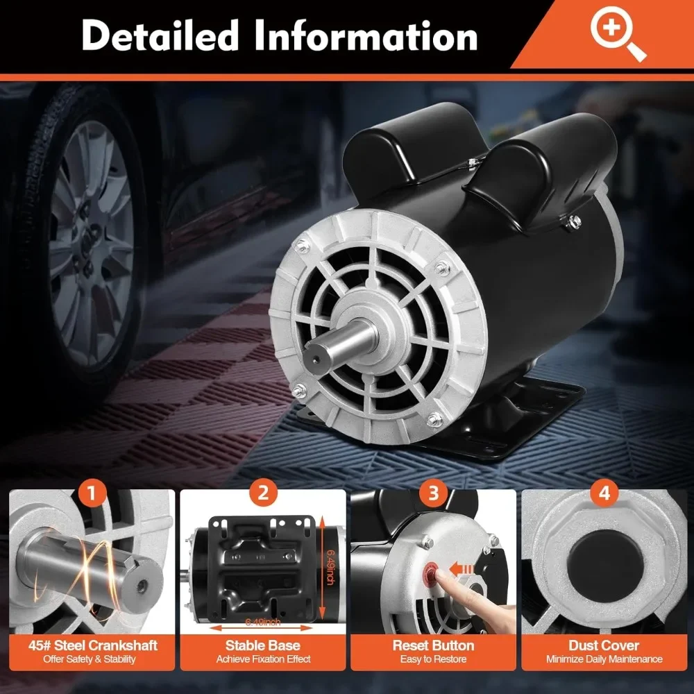 5 HP, 3450 RPM, 208-230 V, 60 Hz, Compressor Electric Motor with 7/8-inch Shaft, 143/5T Frame, Single-Phase Air Compressor Motor