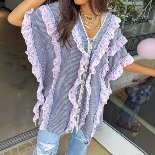 2025, dameskleding, patchwork, digitale print, V-hals, overhemd met korte mouwen