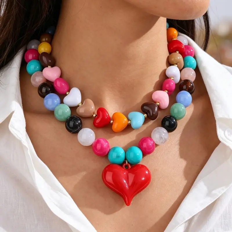 Multicolored Stone-Effect Round Bead Bright Red Heart-Shaped Pendant Necklace