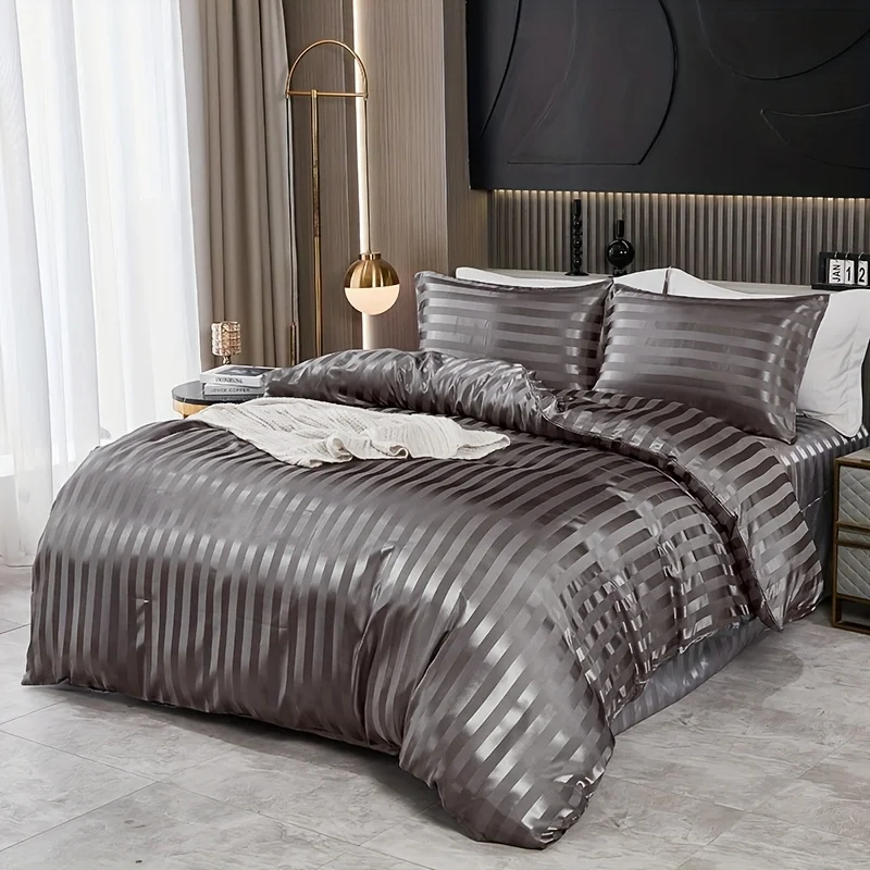 3-teiliges Set aus schlichtem und klassischem Satin-Bettwäsche-Set mit Streifenmuster, geeignet für Schlafzimmer, Studentenwohnheime und Hotels, ideal als Geschenk für die Feiertage. – Detail 8