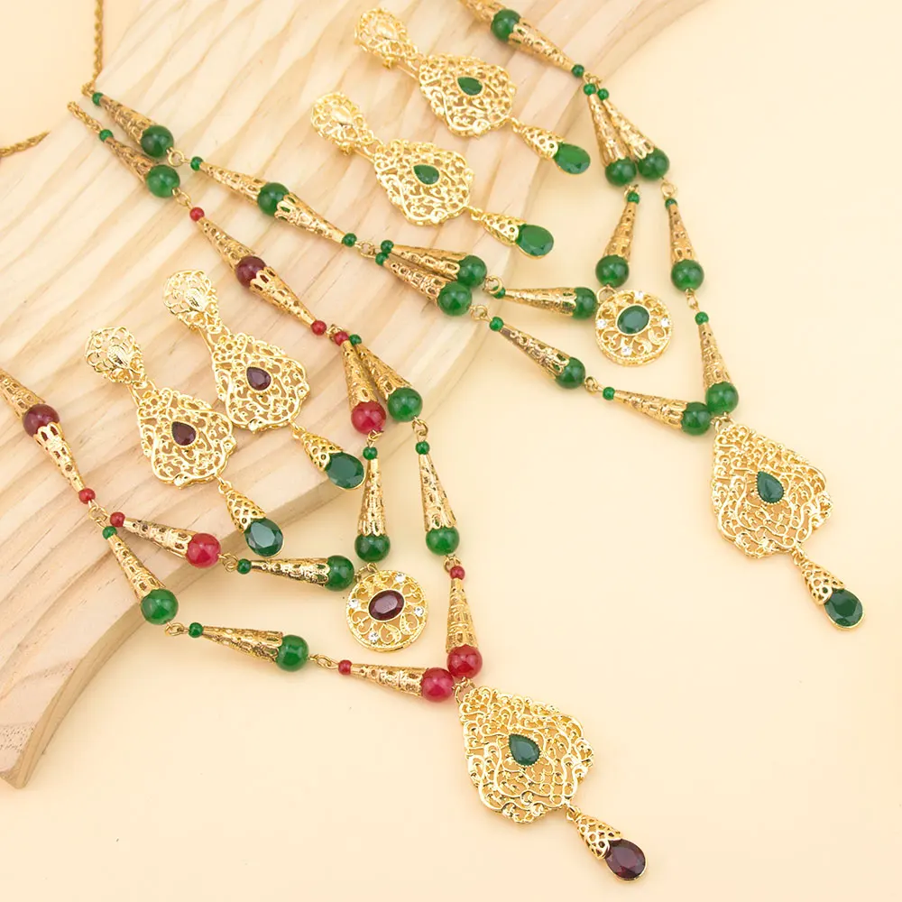 Sunspicems Chic Moroccan Beads Necklace Double Layered Chain Arabic Bridal Jewelry Necklace Earring Sets Banquet Daily Bijoux