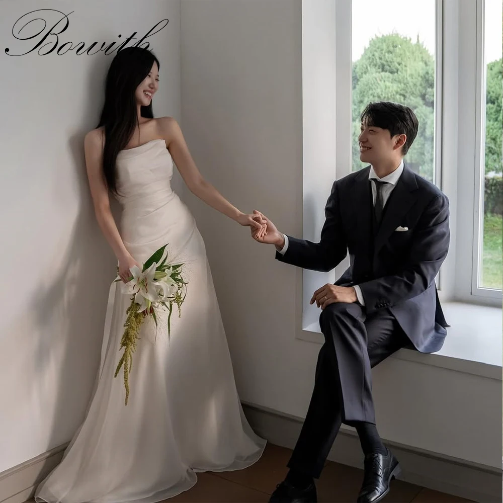 

Bowith Simple Korean Wedding Dresses A-Line Strapless Silk Organza Bridal Gown Customized Wedding Dresses for Bride