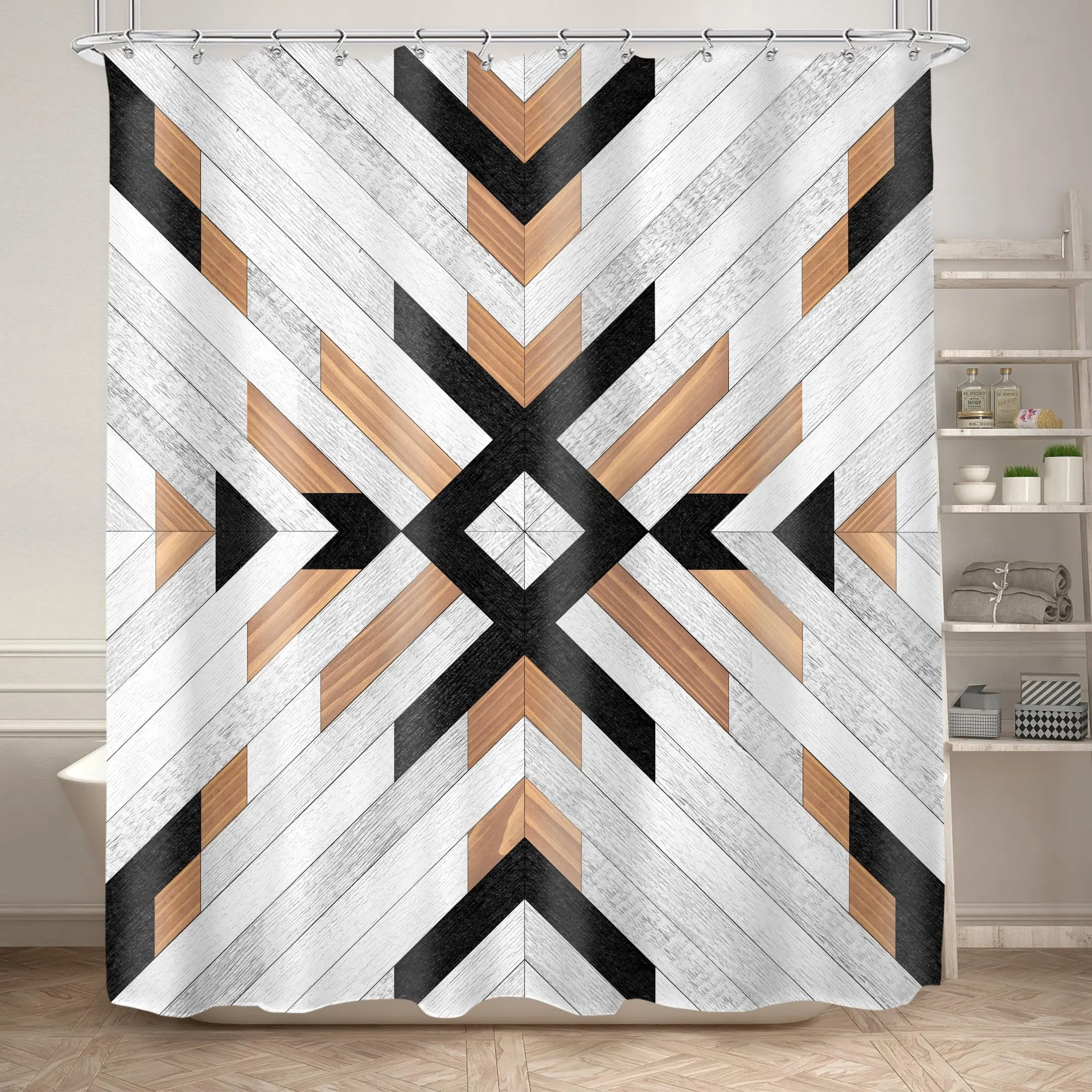 Aztec Shower Curtain Set Rustic Boho Western Native Waterproof Bathtub Curtains Modern Neutral Tribal Wood Texture Bath Decor