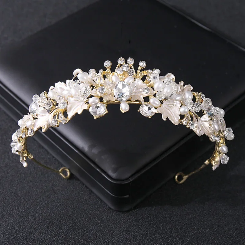 Silver color pearl crystal crown headband flower rhinestone gold tiara diadem party women bride wedding hair accessories jewelry