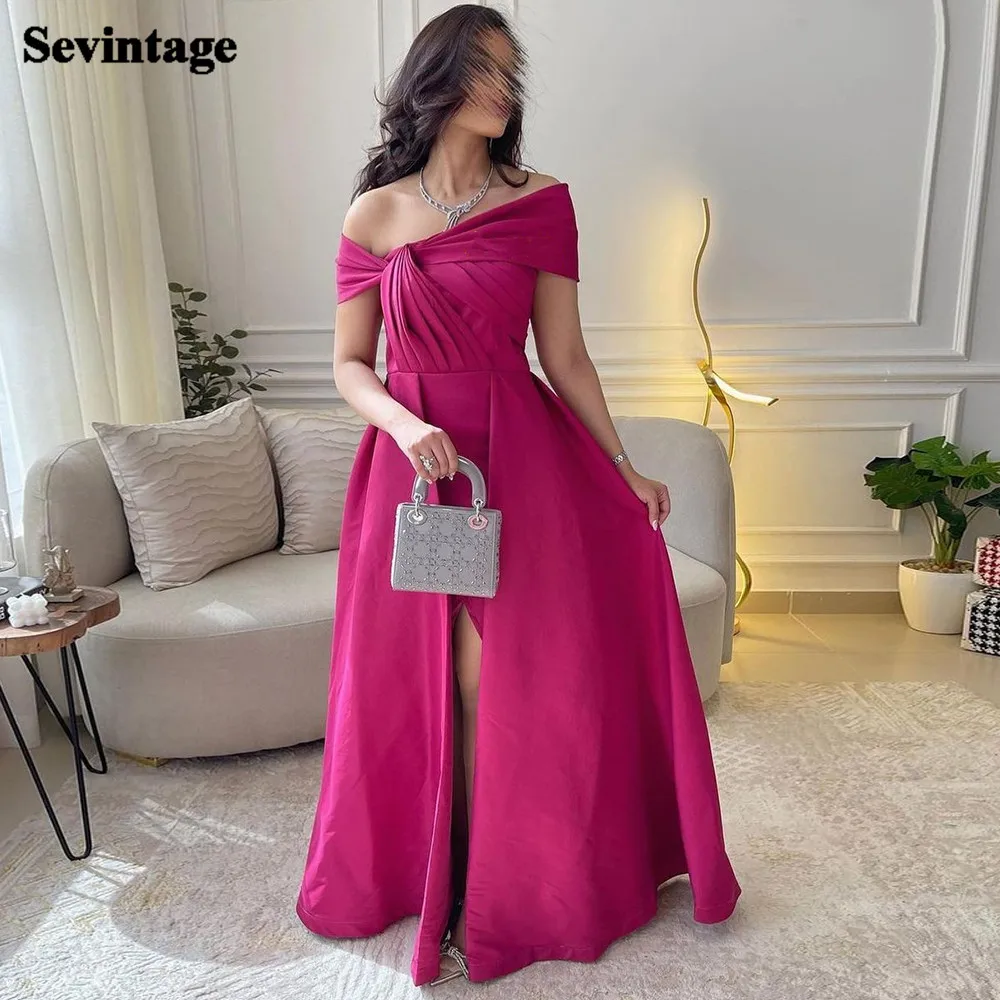 

Sevintage Fuchsia Satin Saudi Arabia Women Prom Dresses Cap Sleeves Split Formal Evening Dress Dubai Wedding Occasion Gowns 2023