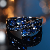 Trendy Cute Female Blue Oval Zircon Stone Ring Vintage Fashion Black Gold Color Wedding Jewelry For Women