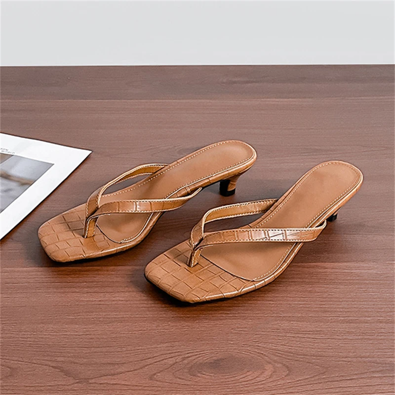 

Eilyken Summer Fashion Square Clip Toe Thin Low Heels Women Slippers Elegant Flip Flops Ladies Shoes Outdoor Casual Sandals