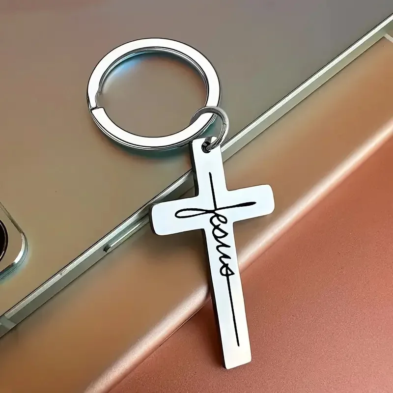 Stylish European American Cross Keychain Stainless Steel Personalized Pattern Key Ring Trendy Accessory for Daily Casual Use