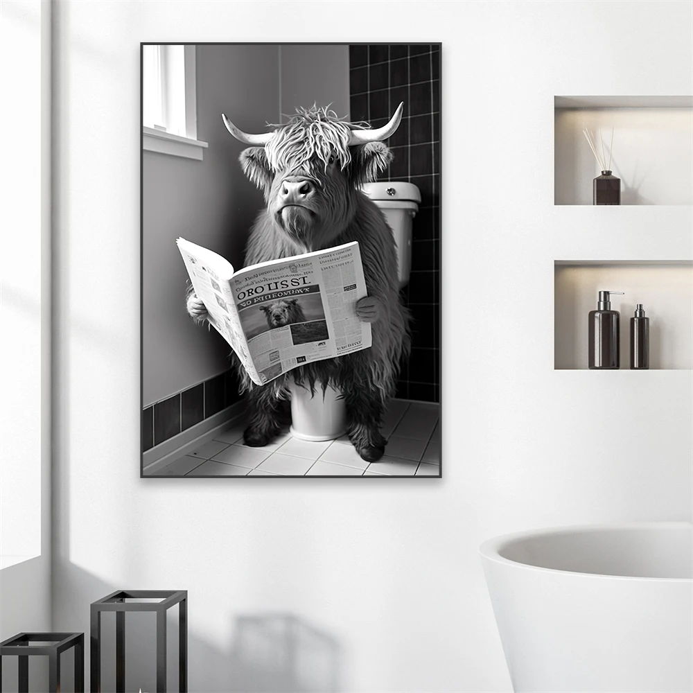 Poodle Sitting on Toilet Poster Funny Animal Highland Cow Print Modern Zebra Reading Newspaper Canvas Painting Bathroom Decor