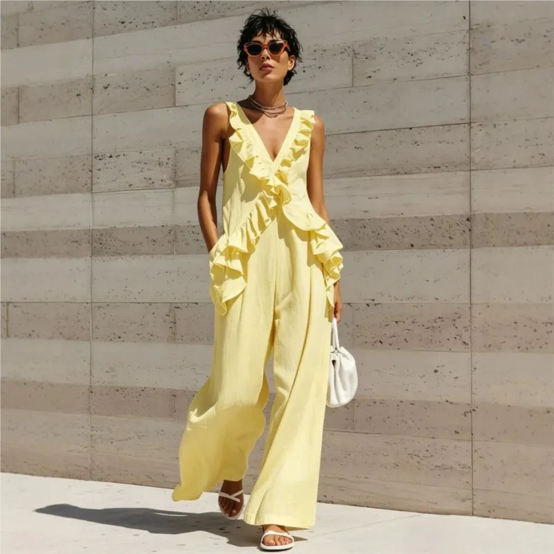 Simple Solid Women's Jumpsuit Elegant Lace Stitching Design Fashion V-neck Sleeveless Romper Ladies Office Jumpsuits With Pocket
