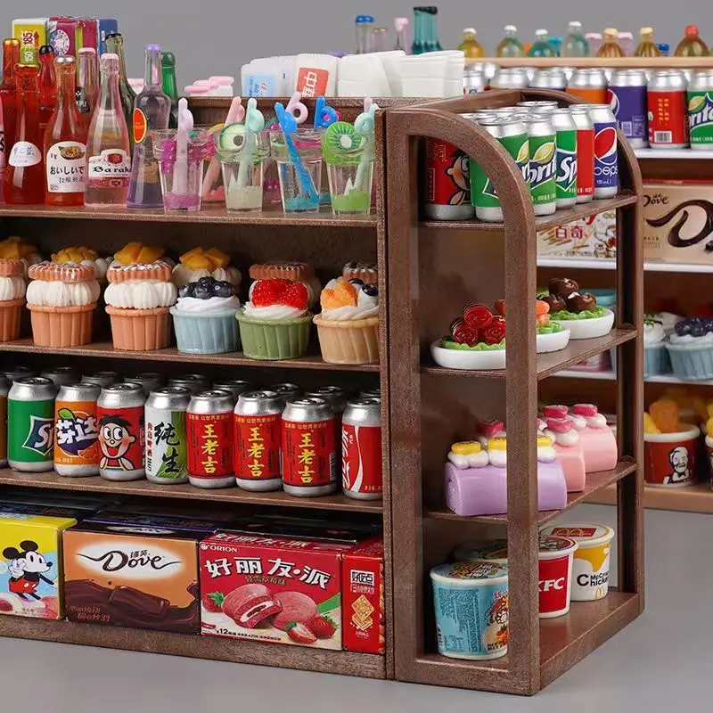 Mini supermercado de simulación, cuatro estantes, decoración de casa de muñecas, aperitivos, bebidas, juegos de comida, casa de juegos para niños, modelo de juguete