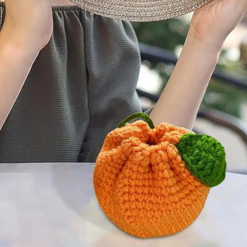 Cute Orange Coin Purse Knitted Bag Drawstring Orange-Shaped Crochet Purse Cute Wallet Crochet Tangerine Bag Coin Chargers