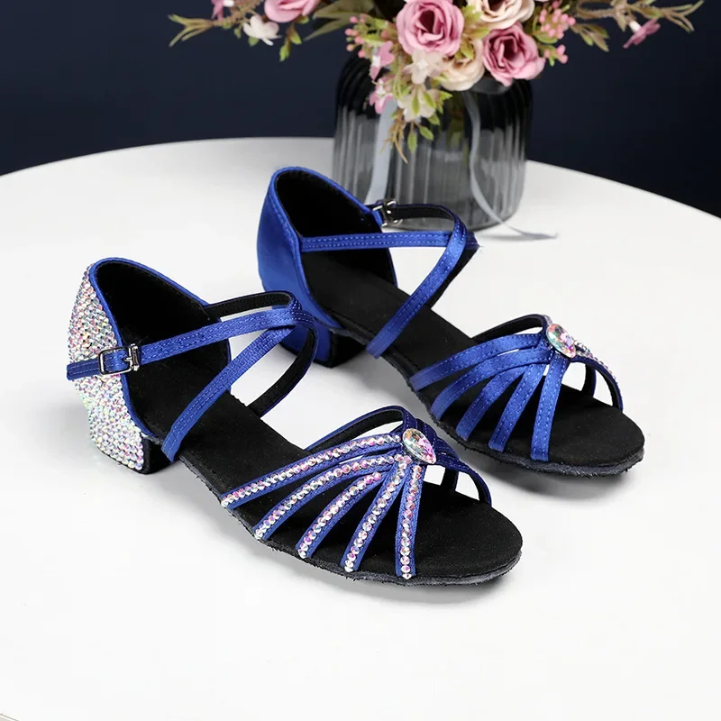 2024 Women Summer New Water Diamond Latin Shoes Female Satin Artificial 3.5CM Heels Jazz Waltz Tango Modern Ballroom Dance Shoes