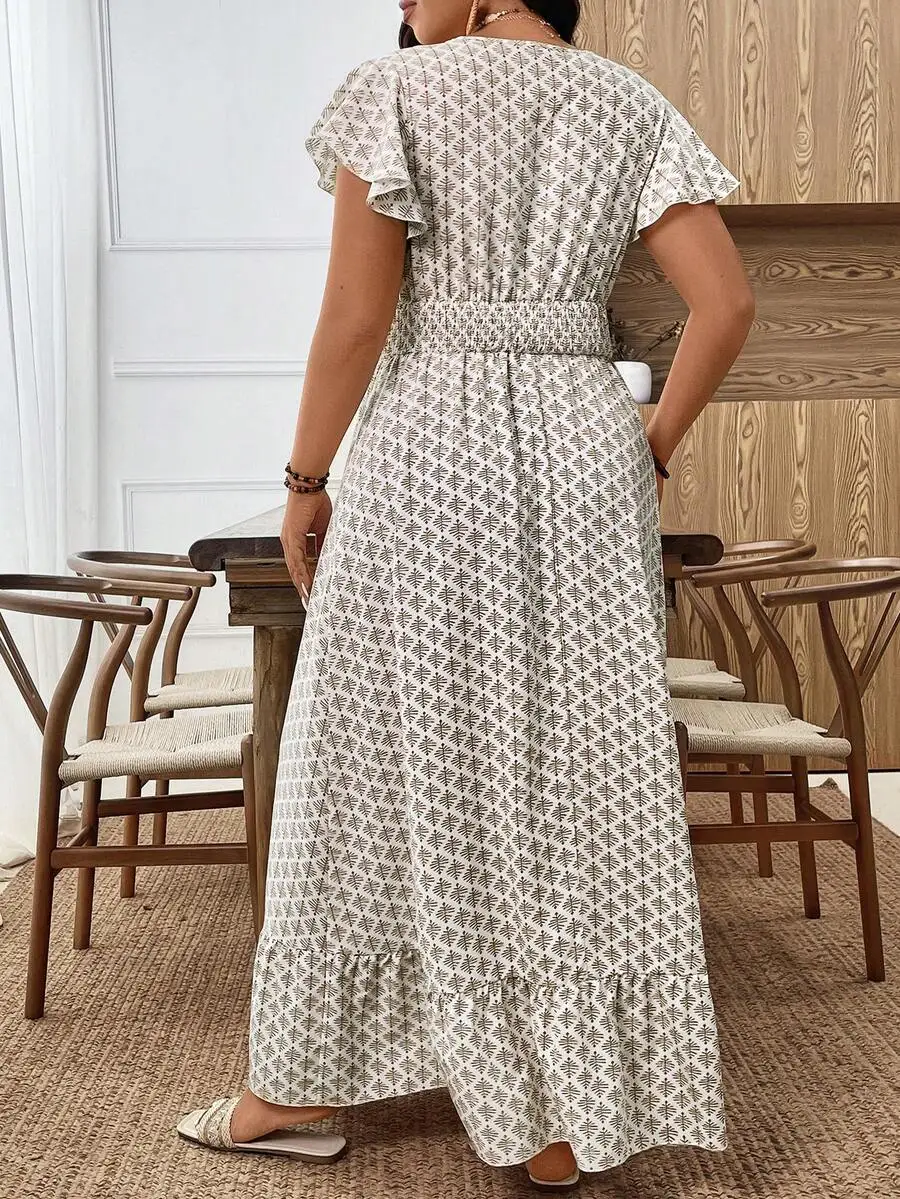 

Elegant Floral Print Ruffle Short Sleeve Elastic Waist Maxi Dress For Women Casual Vacation