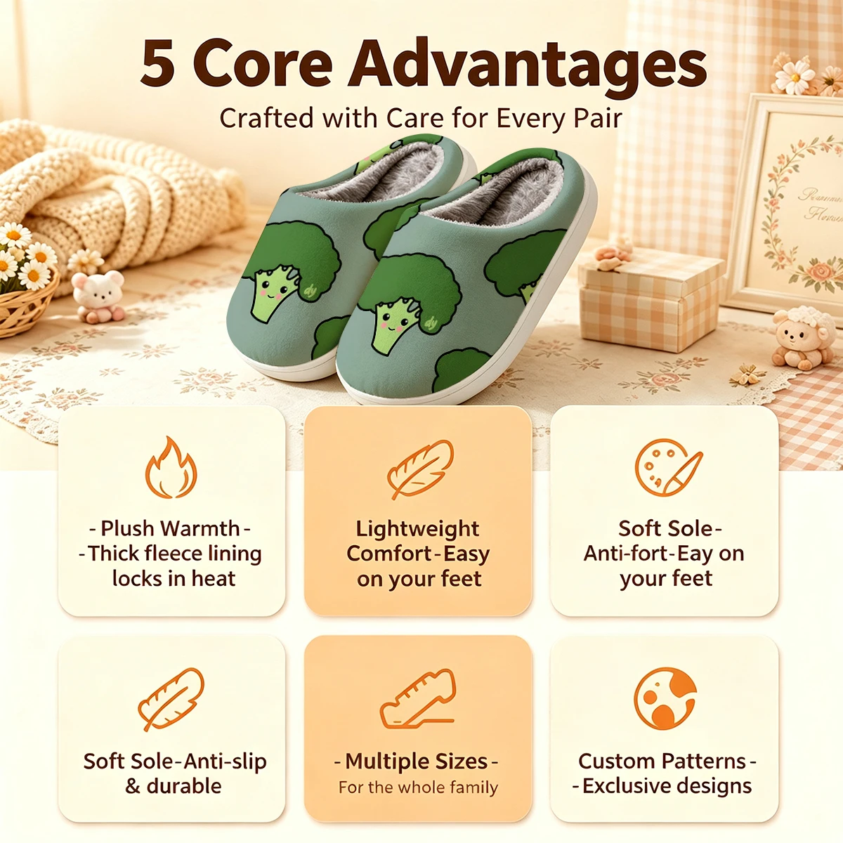 cute broccoli character Christmas White Slippers Warm Plush Indoor Shoes Non-Slip Winter Slippers Family Holiday Gifts Soft view 4