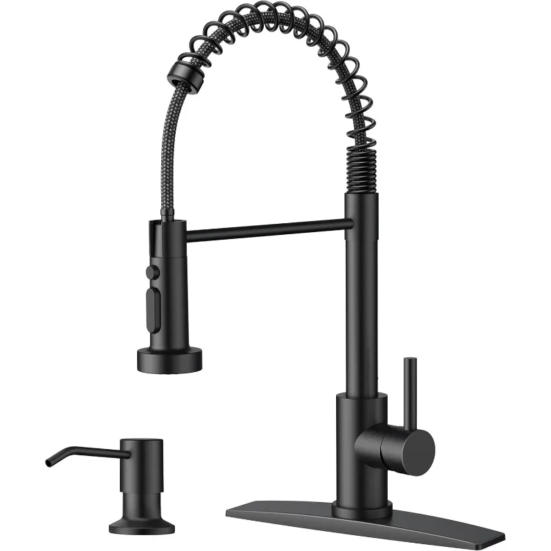 

Black Kitchen Faucet with Soap Dispenser, Stainless Steel Single Handle Spring Commercial Sink Faucet with Pull Down Sprayer