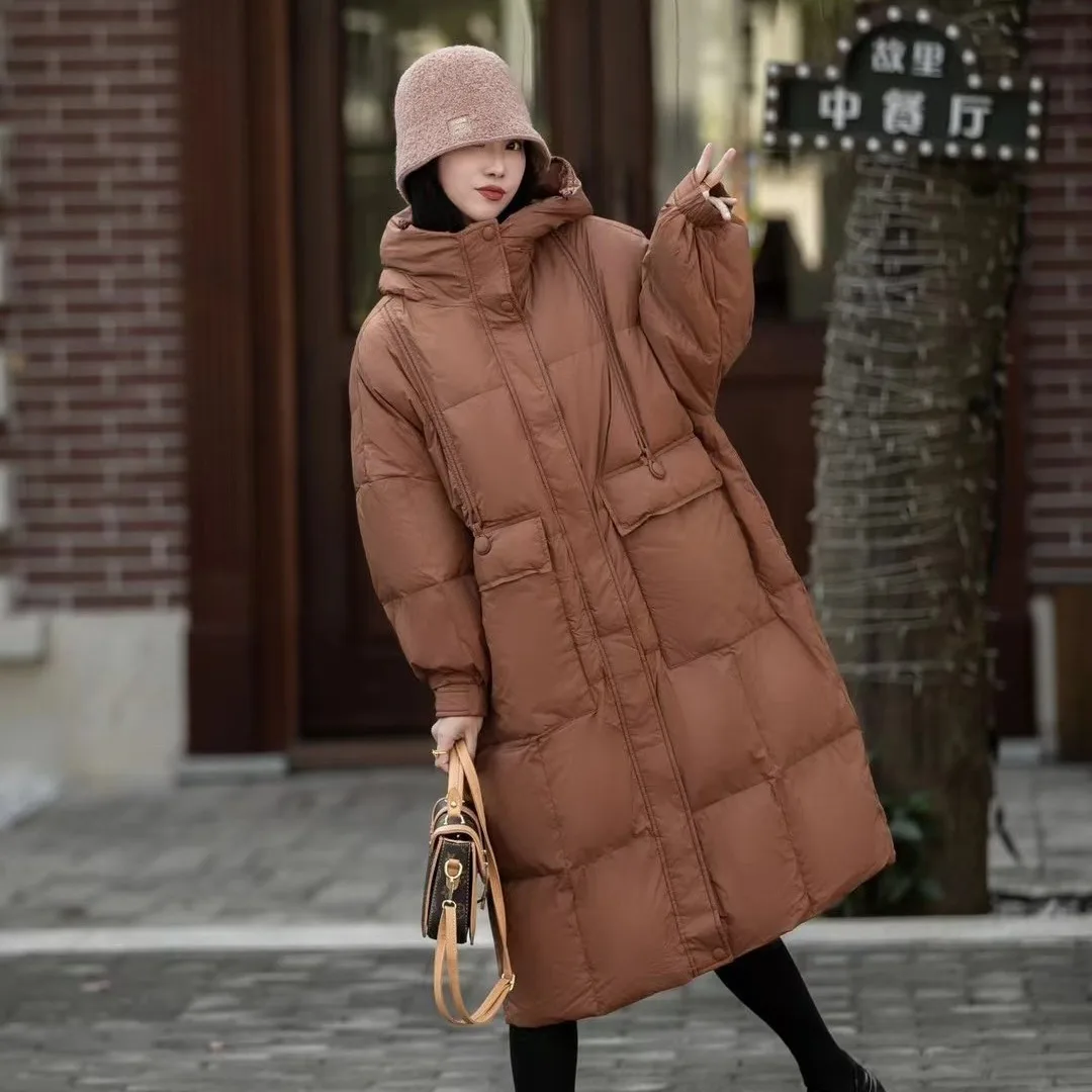 Women\'s Winter Coats 2024  Solid Color Long Down Coats Hooded Vintage Thick Warm 90% White Duck Down Oversize Woman Coat