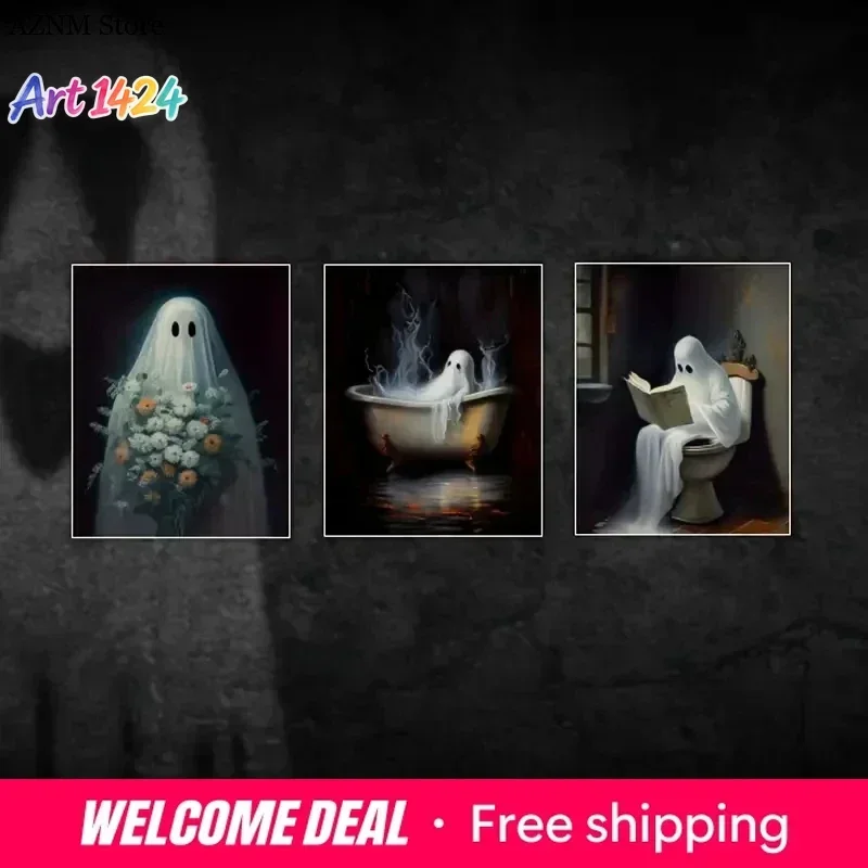 (1pc frameless)Abstract Cute Ghost on Swing Canvas Prints Ghost on Bathtub Wall Art Poster for Modern Halloween Living Room B