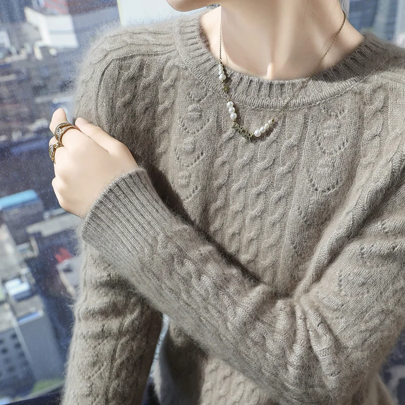 Maglione lavorato a maglia in cashmere di visone puro al 100% da donna girocollo pullover addensato cavo moda camicetta a maniche lunghe allentata di grandi dimensioni