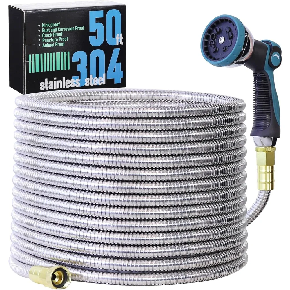 

Садовый шланг из нержавеющей стали длиной 50 футов для доставки в США, гибкий, с распылителем на 10 режимов, не спутывается, легкий, устойчивый к проколам