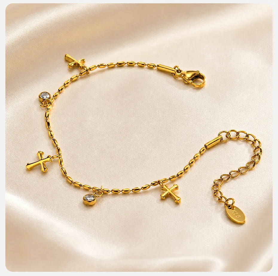 Vnox Schickes Zirkonia-Kreuz-Charm-Armband für Frauen, Edelstahl, vergoldet, mit olivfarbenen Perlen, religiöser Gebetsschmuck. – Detail 6
