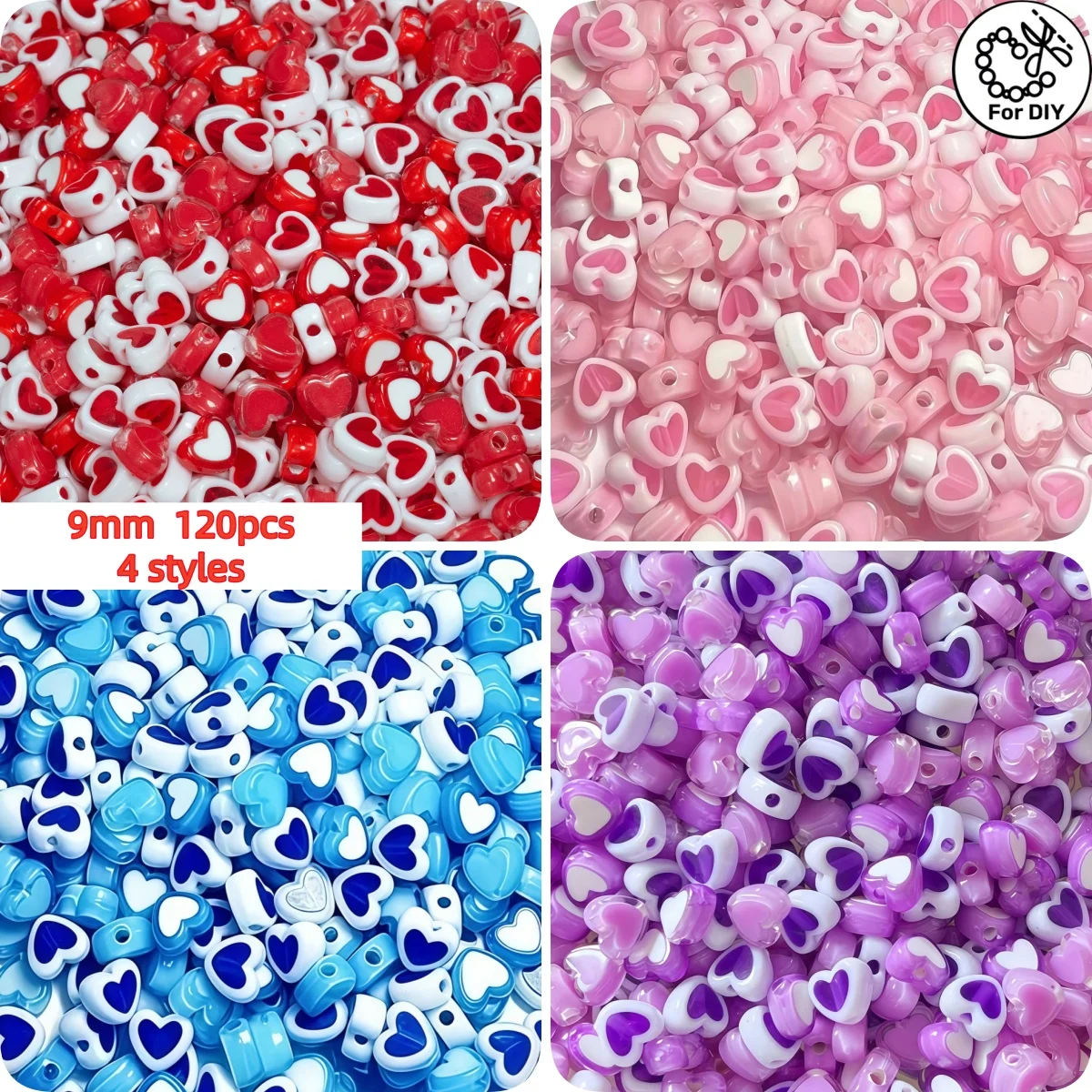 9mm 120pcs 4 Styles, Heart Mixed, 4 Colors. Can Be Used for Making Accessories Such as Bracelets, Necklaces