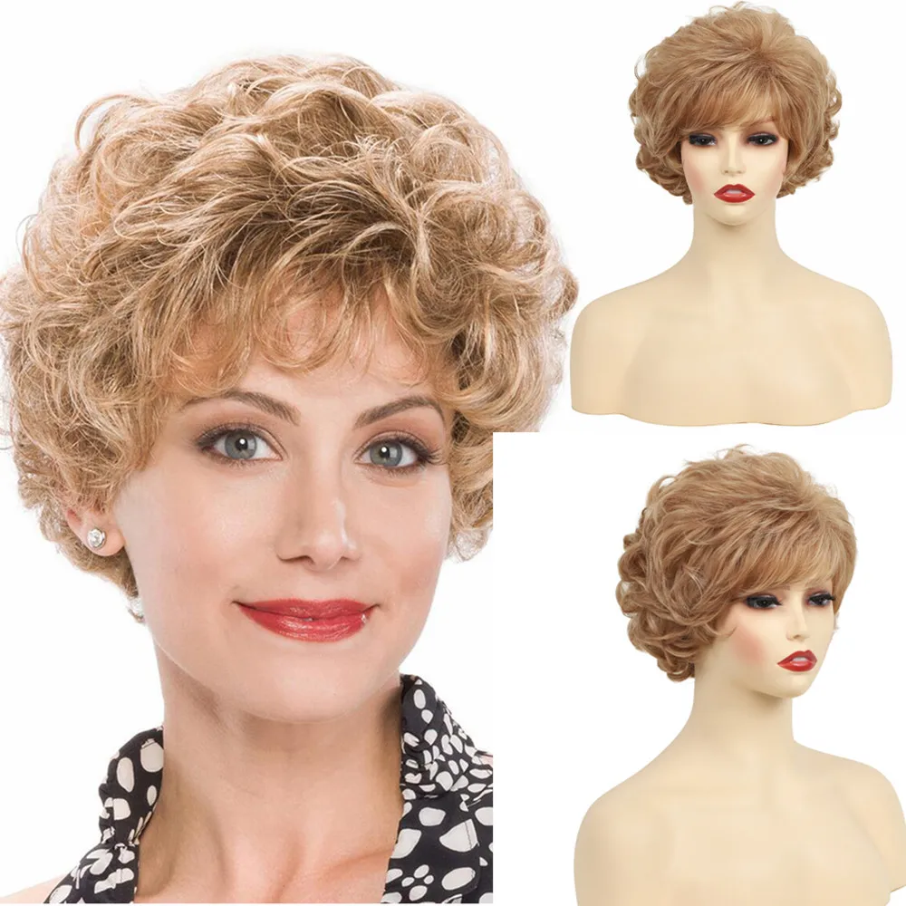 

Ladies Short Curly Wig Blonde Heat Resistant Synthetic Fiber Fluffy Voluminous Hairpiece for Women