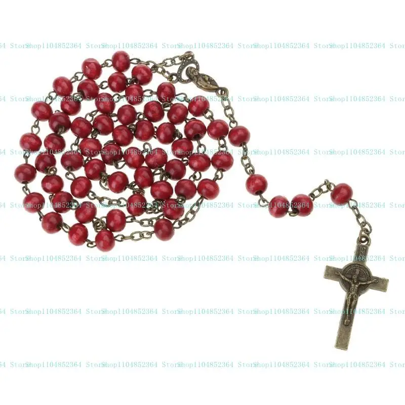 Natürliche Holzperlen für Kreuz-Anhänger-Halskette, christliche Rosenkranz-Halskette, handgewebte Halskette, Jesus, katholischer religiöser Jude – Detail 2
