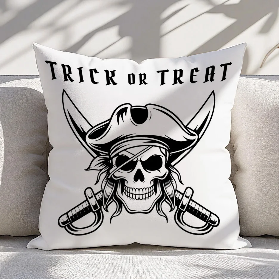 Pirate Skull Trick or Treat Pillow Case, Halloween Horror Cushion Cover, Gothic Home Decor Throw Pillow Slipcover for Sofa Party
