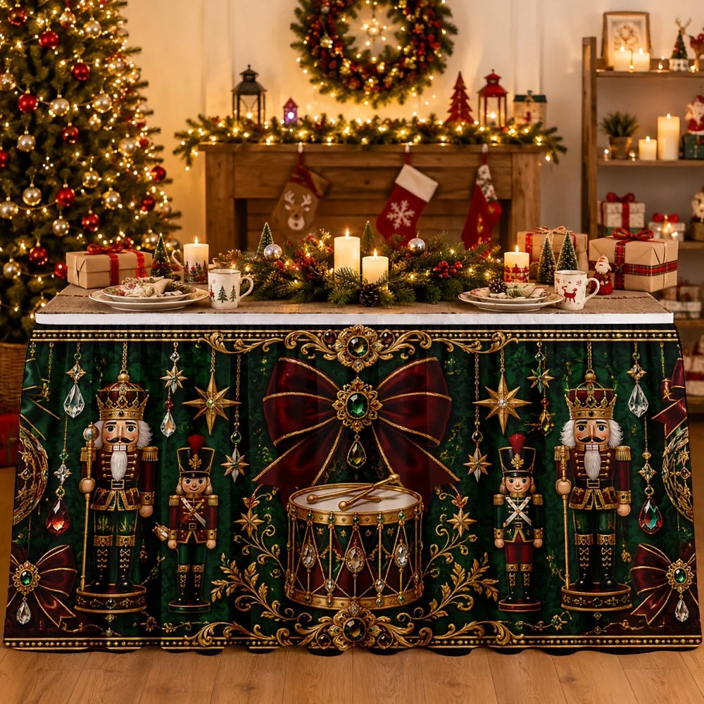 One tablecloth or table skirt for holiday and festive decoration, featuring flowered shells, crowns and ribbons