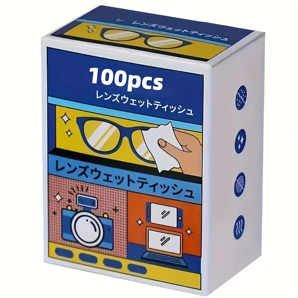 100 unids/caja toallitas desechables antivaho para gafas, gafas sin marcar y limpieza de pantalla, adecuadas para todas las lentes, teléfonos y cámaras