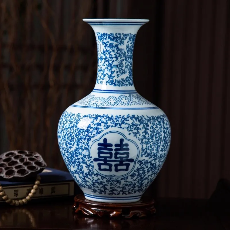 

33cm/Jingdezhen Ceramic Vase Antique Blue and White Porcelain Living Room TV Cabinet Bo Gu Rack Decorative Ornament