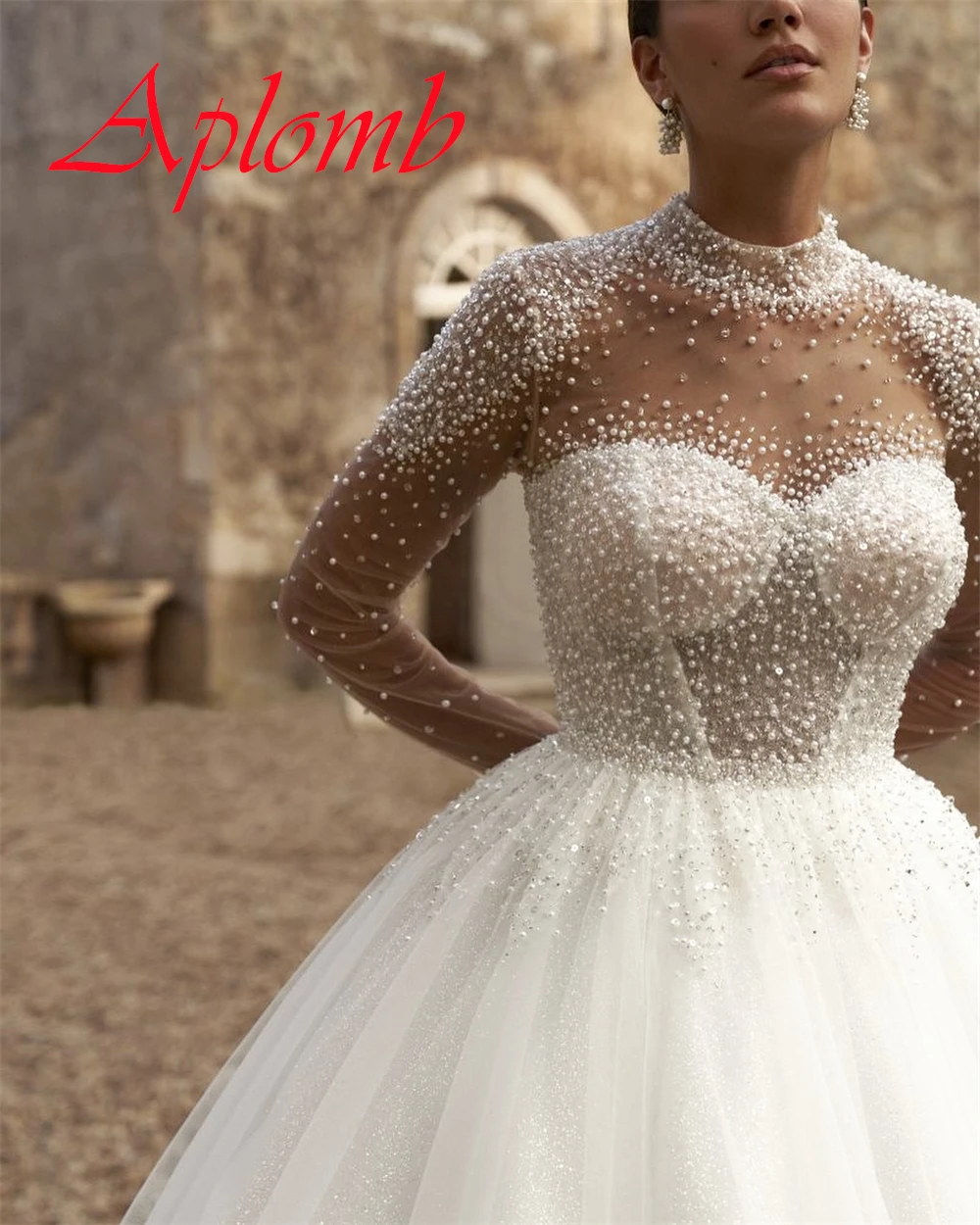 Gaun Pengantin Organza Putih Kustom Gaun Pengantin Lengan Panjang Leher Kru Elegan Gaun Pengantin Kancing Belakang Klasik Vestido De Novia