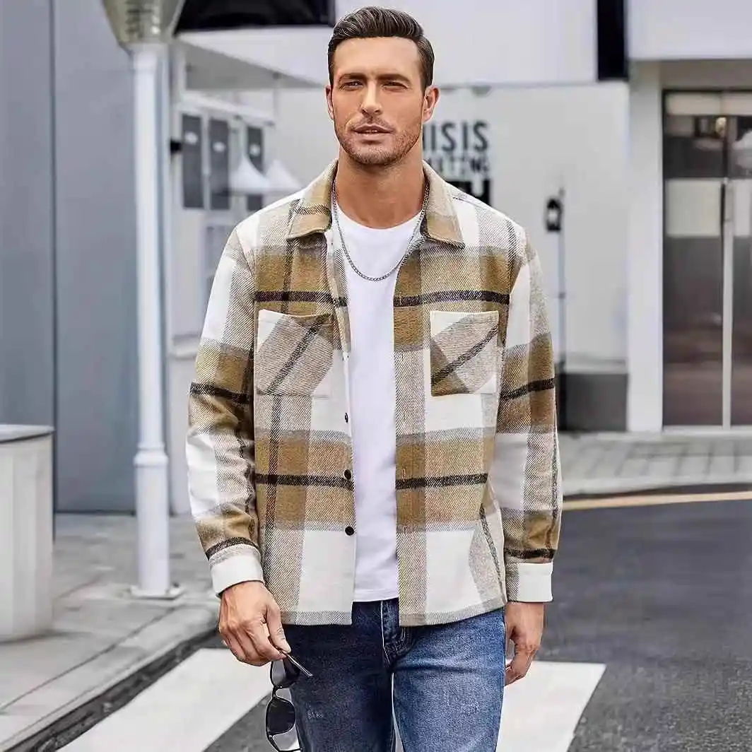 Men's Casual Button Plaid Flannel Shirt Jacket Thickened Cotton  Wear Resistant Loose Fit Pocket Detail Long Sleeve
