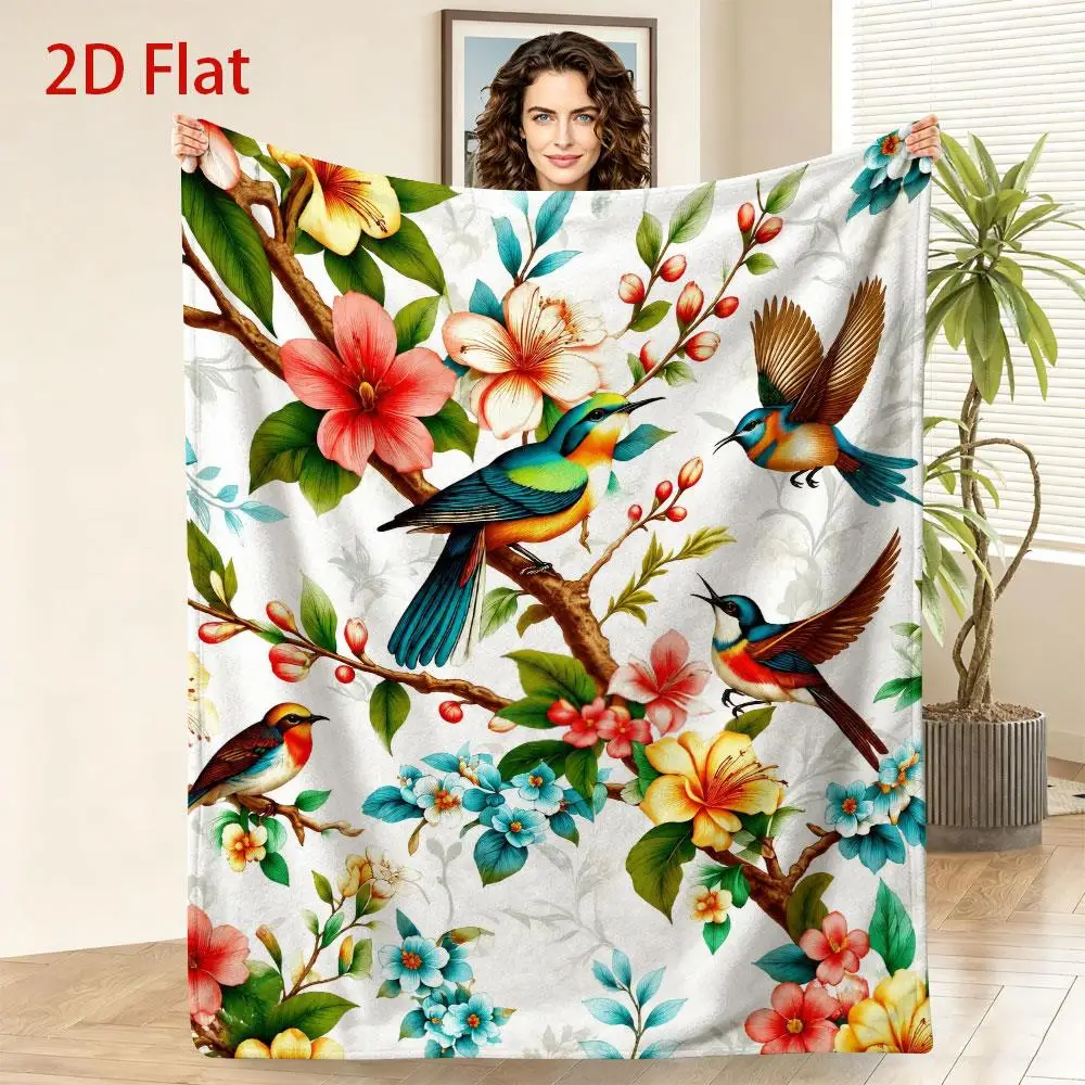 Watercolor Tropical Birds Floral Print Throw Blanket Colorful Blossom Tree Branch Pattern Decorative Blanket for Couch Sofa
