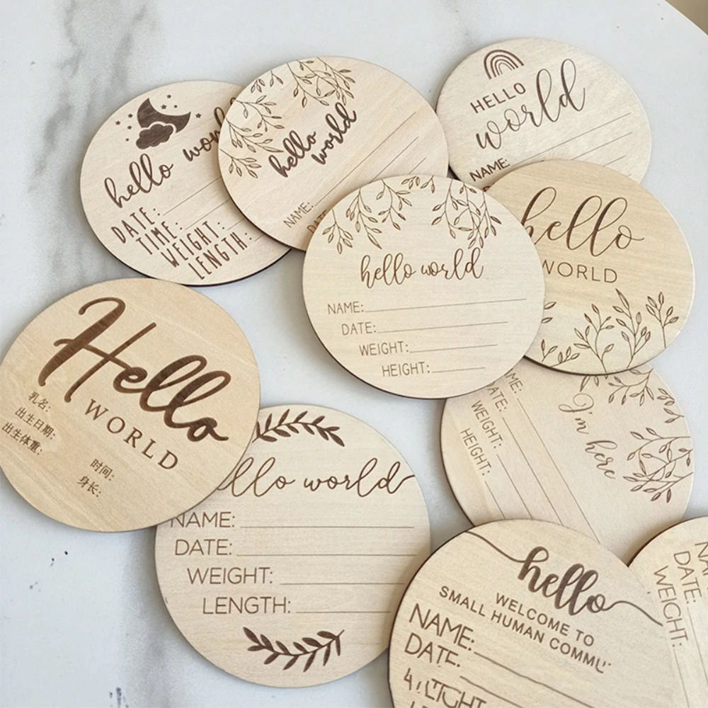 

5pcs Hello World Baby Birth Announcement Plaque Wooden Disc Introducing Name Card Round For Hospital Photo Prop Baby Shower