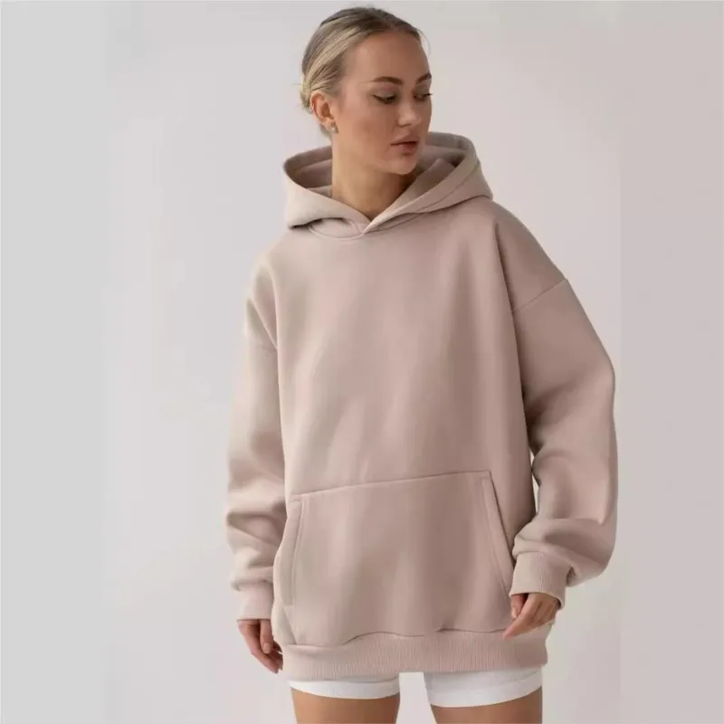 

Hoodies Loose Women Sweatshirts Hooded Solid Color New Casual Big Pocket Street Spliced Slight Strech Sweatshirt Autumn Pullover
