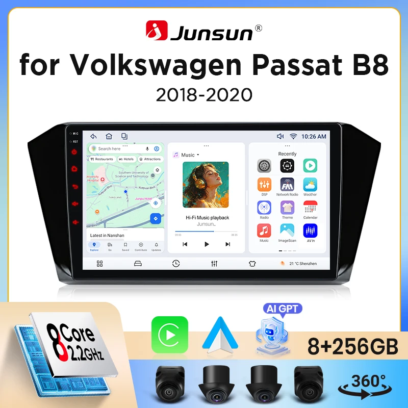 Junsun Wireless CarPlay Android Auto Autoradio für Volkswagen (VW) Passat Mk8 (B8) 2014-2023 mit eingebautem Lüfter, Android GPS Navigation, Multimedia Player, WiFi, DSP, RDS, BT, SWC, IPS
