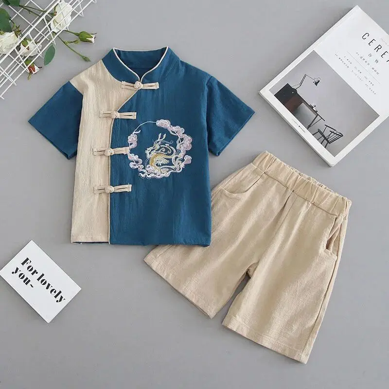 

Children's Summer Hanfu Suit Fashionable Boys' Light Cotton Linen Short-Sleeved Top Shorts Two-Piece Set for Kids