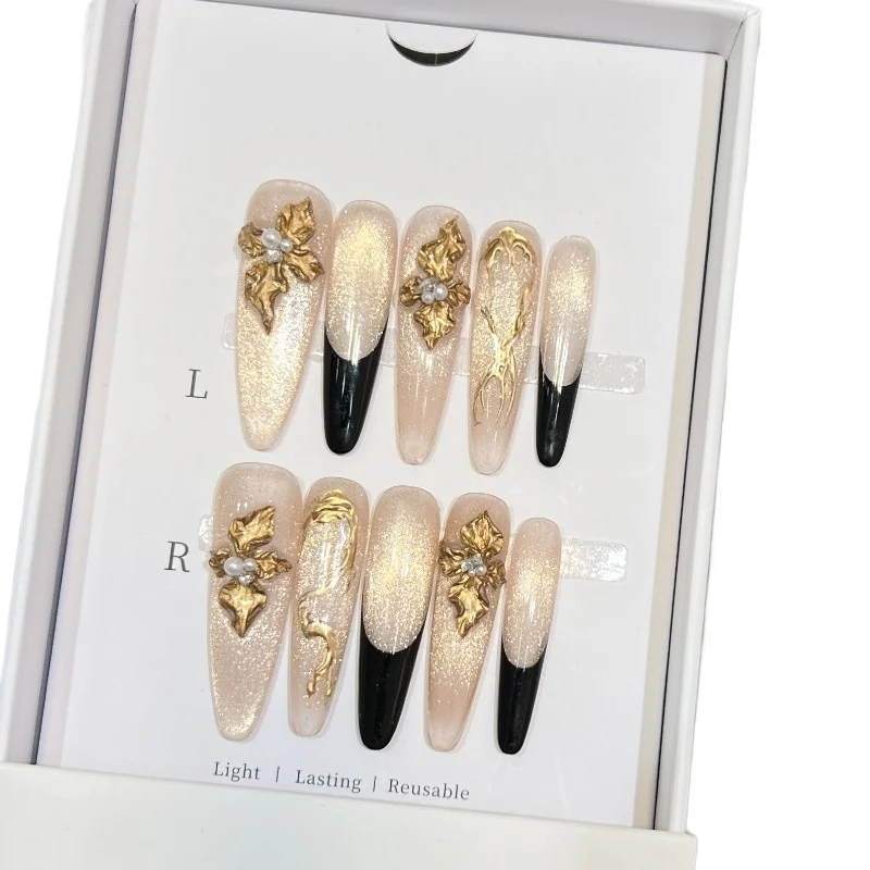

Hand-worn nail advanced relief flower gold cat's eye French manicure removable nail piece