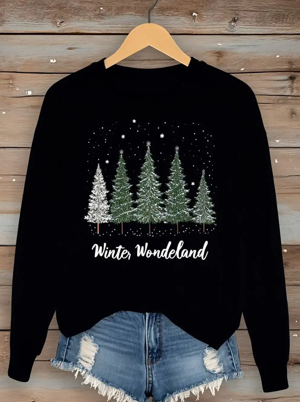 

Черный зимний свитер с принтом снежных сосен, вязаный топ с длинными рукавами для женщин, повседневная одежда для праздников