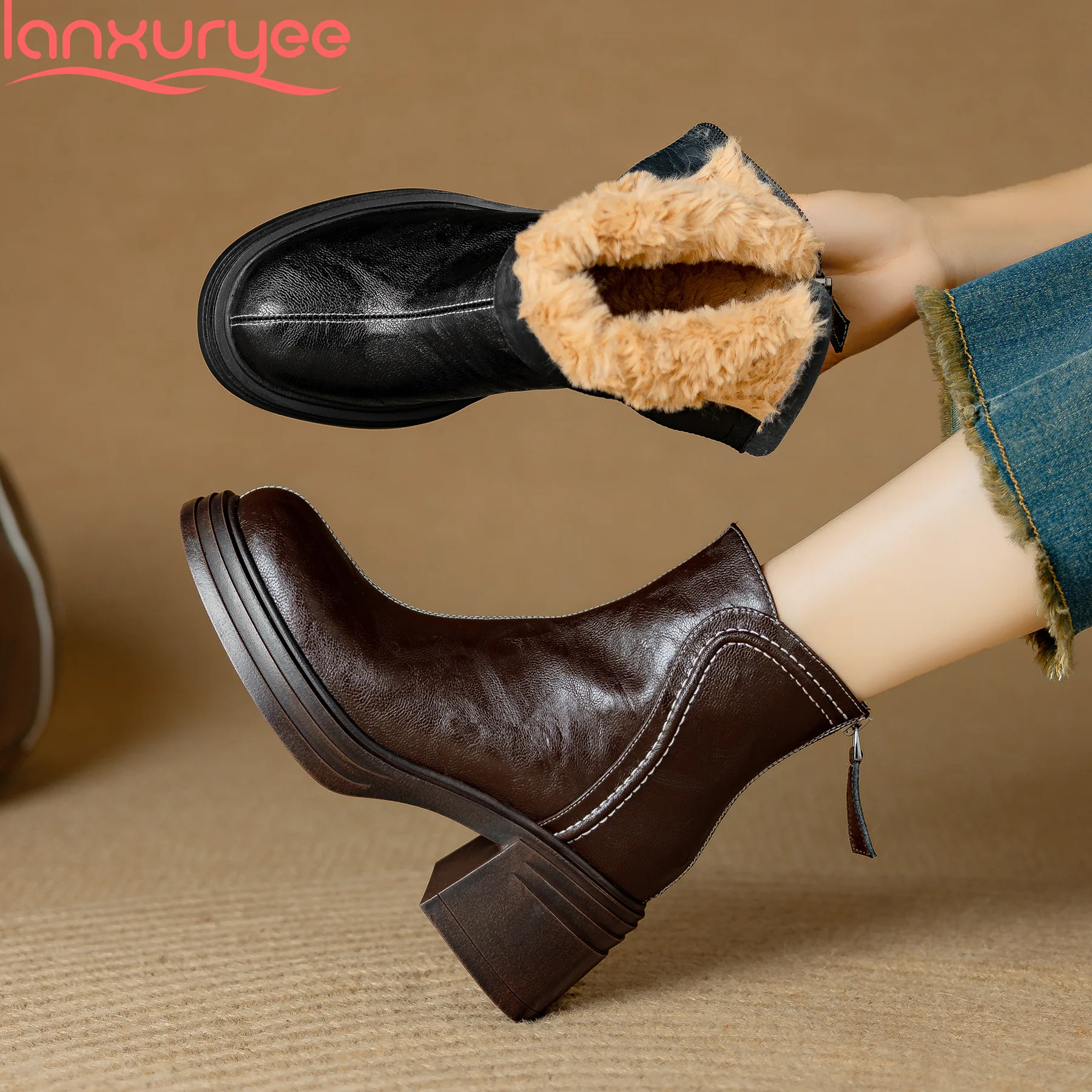 

Lanxuryee Cold Resistant Cow Leather Modern Motorcycles Boots Chunky High Heels Warm Winter Dating Fur Retro Women Ankle Boots