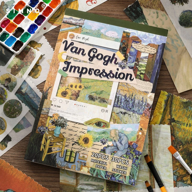 30 Stück Van Gogh Ölgemälde-Themen-Aufkleber + 20 Blatt Kunstdekor-Papier für Journaling, Scrapbooking, DIY-Bastelbedarf