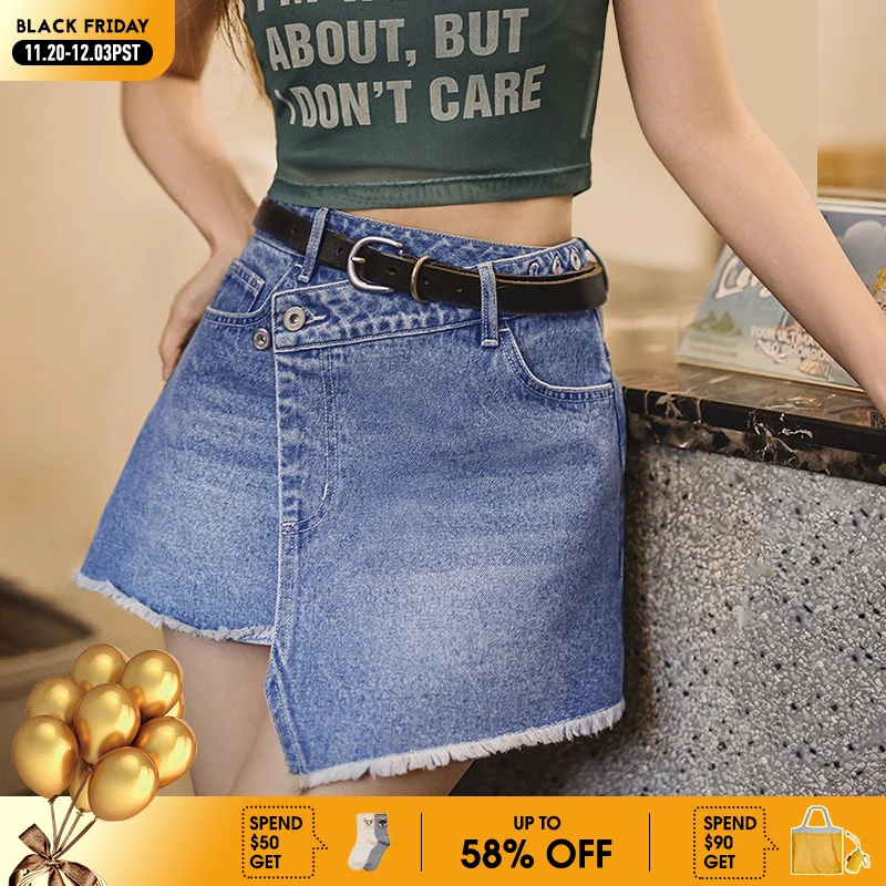 

Maden Vintage Washed Blue Denim Skirt Women Summer Asymmetrical Raw Hem Button-Front A-Line Mini Skirt Casual Denim Short Skirt