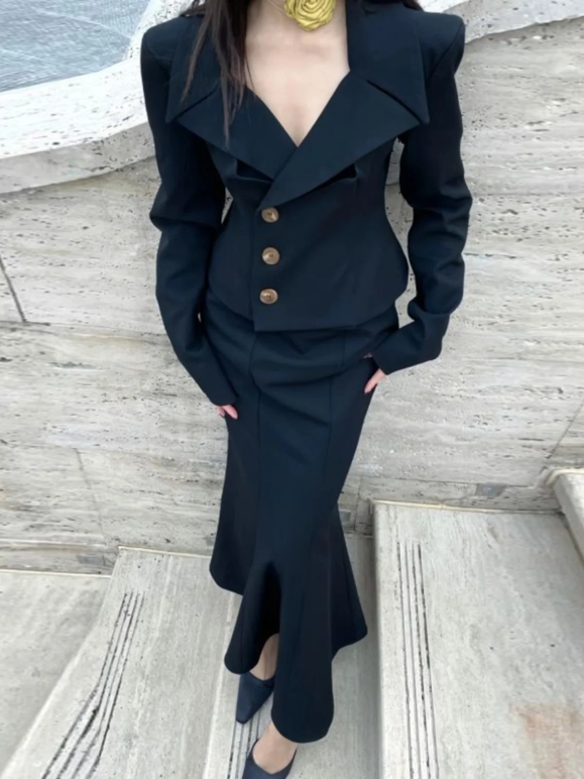 

Fashionable Tailored Blouse And Fish Tail Half Skirt Set Women's Waist-Cinching Korean Style Autumn Collection Trendy Outfit