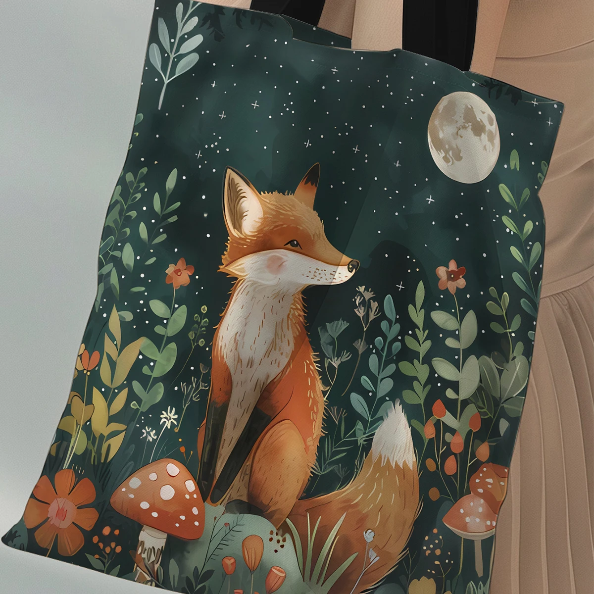 

Cartoon Fox Canvas Bag Large Capacity Ladies Shoulder Shopping Bag with Handle Zipper Casual Canvas Tote Women's Wallet