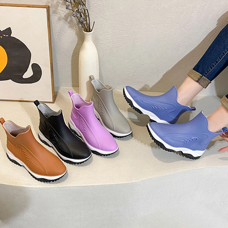 Thick Bottom Ankle Boots Women Waterproof Anti-slip Rain Shoes Ladies Fashion Slip On Short Boots Kitchen Outdoor Working Shoes