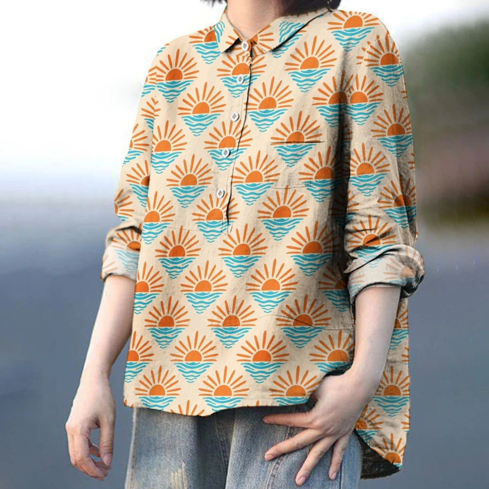 

Vibrant Sun Pattern Women's Shirt Stylish Sun-Inspired Blouse Beach-Ready Sunshine Wave Prints Shirts Womens Sun-Kissed Tops